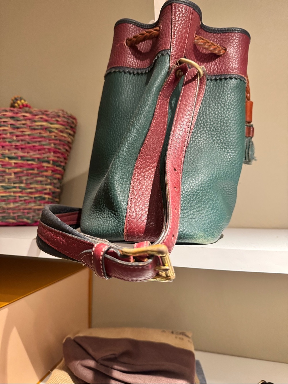 Leather Two-Tone Drawstring Bucket Bag - Green & Burgundy - Picture 2 of 7
